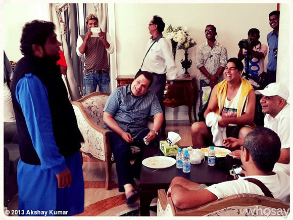 Johnny Lever and Akshay Kumar with the crew of Boss