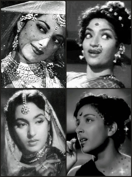 Clockwise from top: Suraiya, Sandhya, Nargis, Nutan