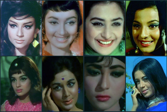 Clockwise from top: Sharmila Tagore, Sadhna, Saira Bano,Tanuja, Babita, Mala Sinha, Nanda, Asha Parekh