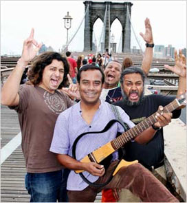 Indian Ocean, from left, Amit Kilam, Asheem Chakravarty, Susmit Sen and Rahul Ram at the Brooklyn Bridge in New York.