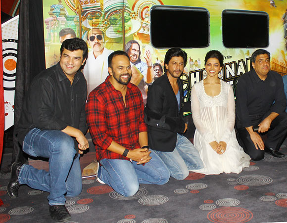 UTV CEO Siddharth Roy Kapur, director Rohit Shetty, Shah Rukh Khan, Deepika Padukone and UTV head Ronnie Screwvala