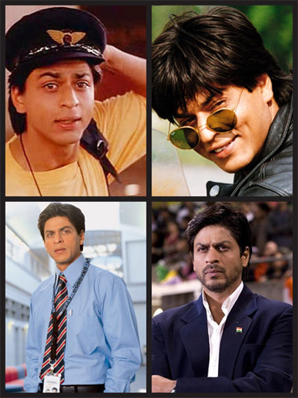 Shah Rukh Khan in (clockwise from top): Kabhi Haan Kabhi Naa, Dilwale Dulhaniya Le Jayenge, Chak De! India and Swades