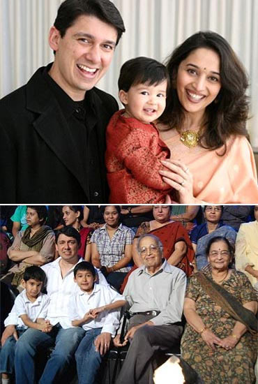 Ram Nene and Madhuri Dixit with Arin. Bottom: Ram Nene with Arin, Ryan and Madhuri's parents