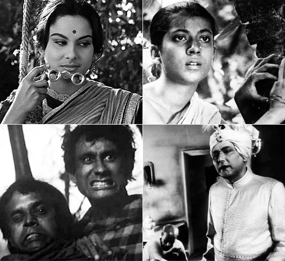 Clockwise: Madhabi Mukherjee in Charulata, Uma Dasgupta in Pather Panchali, Chhabi Biswas in Jalsaghar, Tapan Chatterjee and Robi Ghosh in Goopy Gyne Bagha Byne