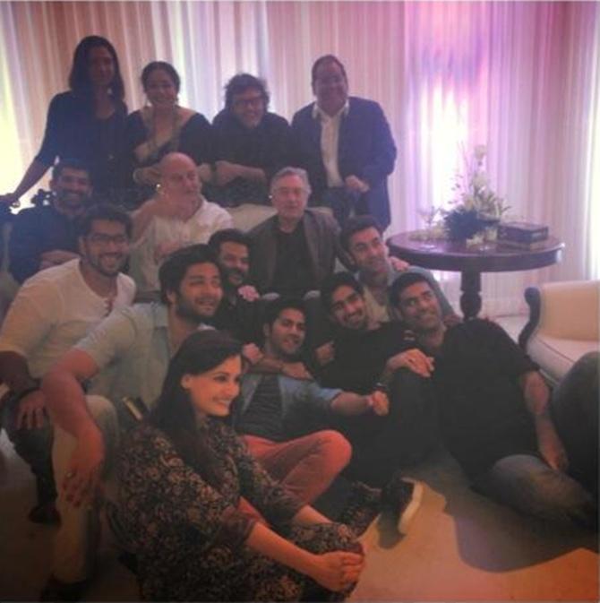 Clockwise from left: Dia Mirza, Ali Fazal, Rohit Dhawan, Aditya Roy Kapur, Drena De Niro, Kirron Kher, Rakeysh Omprakash Mehra, Satish Kaushik, Ranbir Kapoor, Ayan Mukerji, Sikandar Kher Varun Dhawan with Robert De Niro, Anupam Kher and Anil Kapoor in the centre