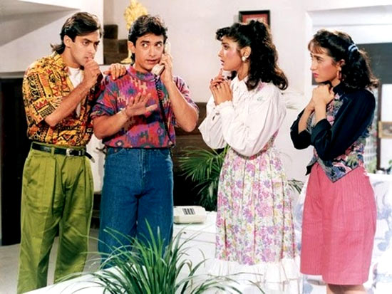 Salman Khan, Aamir Khan, Raveena Tandon and Karisma Kapoor in Andaz Apna Apna