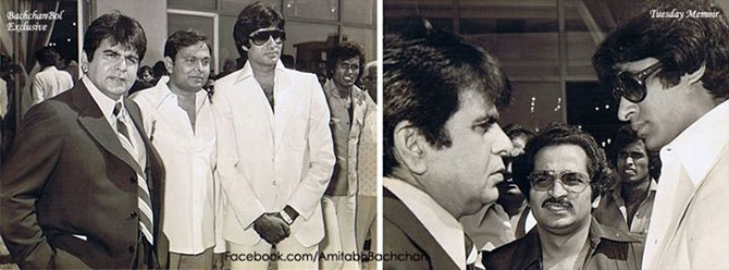 Dilip Kumar and Amitabh Bachchan on the sets of Shakti. 