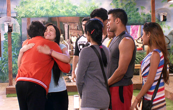Vivek Mishra hugs Elli Avram while the other housemates look on