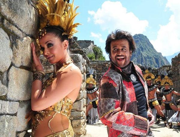 Aishwarya Rai Bachchan and Rajinikanth in Endhiran, shot in Machu Picchu