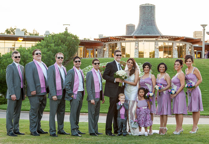 Dian Hayden and Collin Dick with bridesmaids, groomsmen, flower girl and page boy