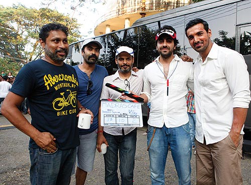 Shoojit Sircar (left) with Ayushmann Khurana (second from right) and John Abraham (right)