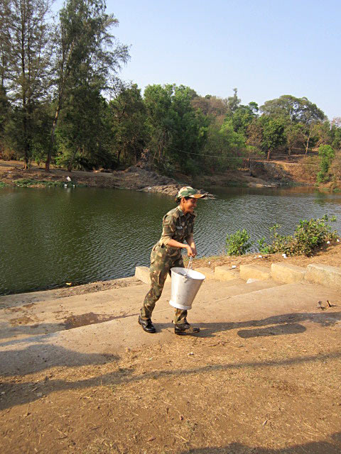 Deepika Singh fetches water on the sets of Diya Aur Baati Hum. It is one of the jungle tasks for her IPS training on the show