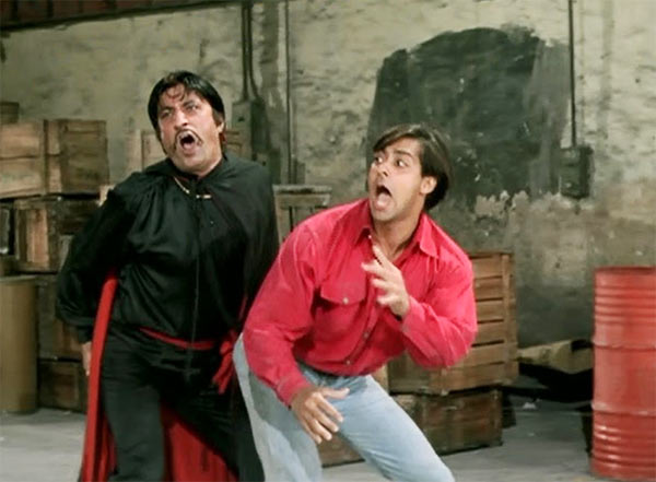 Shakti Kapoor and Salman Khan in Andaz Apna Apna