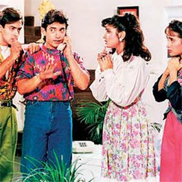 Salman Khan, Aamir Khan, Raveena Tandon and Karisma Kapoor in Andaz Apna Apna
