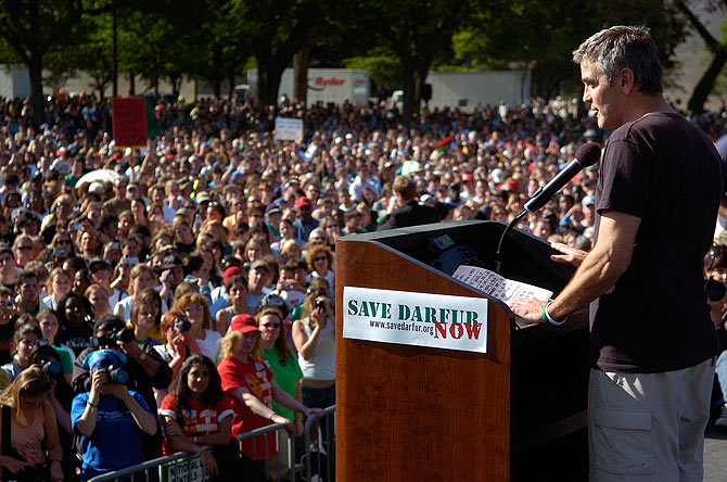 George Clooney speaks at a rally in 2006