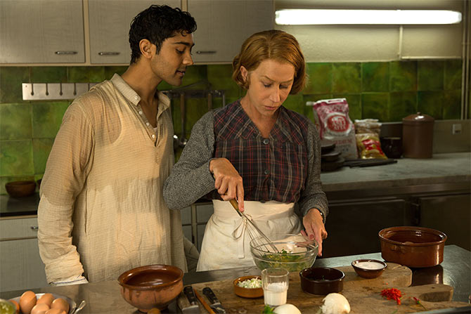 Manish Dayal and Helen Mirren in The Hundred-Foot Journey.