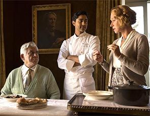 Om Puri, Manish Dayal and Helen Mirren in The Hundred-Foot Journey.
