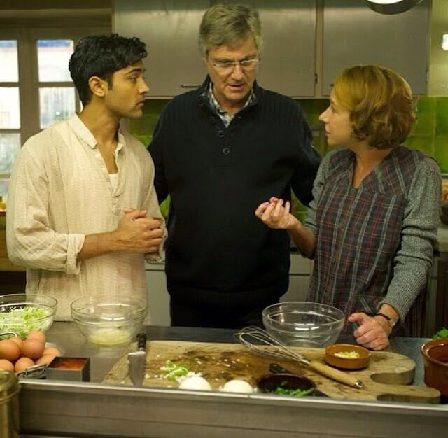Manish Dayal, Lasse Hallstrom and Helen Mirren on the sets of The Hundred-Foot Journey.