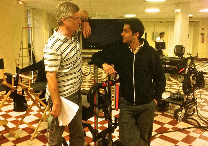 Lasse Hallstrom and Manish Dayal on the sets of The Hundred-Foot Journey.