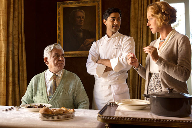 Om Puri, Manish Dayal, Helen Mirren in The Hundred-Foot Journey.