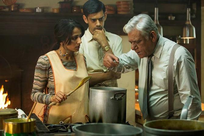 Farzana Dua Elahe, Manish Dayal and Om Puri in The Hundred-Foot Journey.