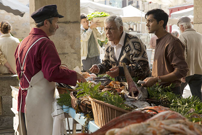 Manish Dayal and Om Puri in The Hundred-Foot Journey.