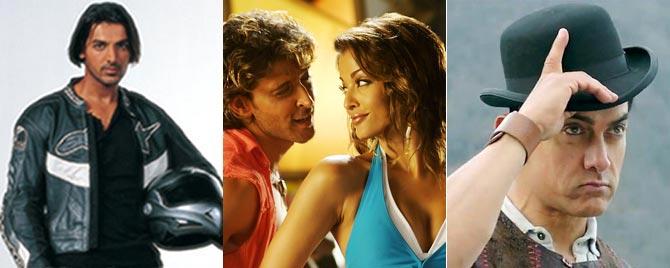 John Abraham in Dhoom, Hrithik Roshan and Aishwarya Rai Bachchan in Dhoom 2, Aamir Khan in Dhoom 3