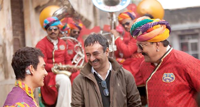 Aamir Khan, Rajkumar Hirani and Sanjay Dutt on the sets of PK