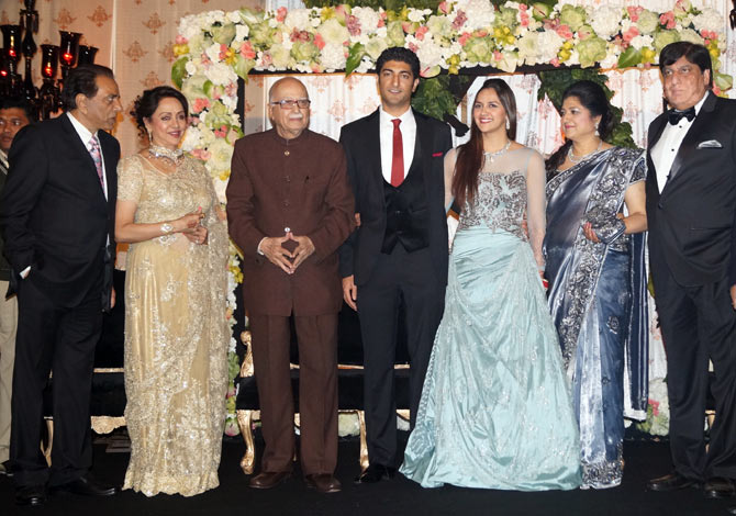Dharmendra, Hema Malini, L K Advani, Vaibhav Vora, Ahana and Vaibhav's parents