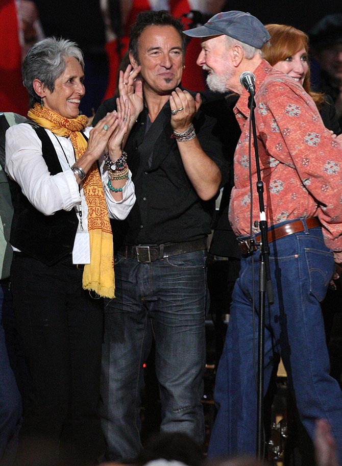  Musician Joan Baez, Bruce Springsteen and Pete Seeger appear onstage at the Clearwater Benefit Concert Celebrating Pete Seeger's 90th Birthday at Madison Square Garden on May 3, 2009 in New York City