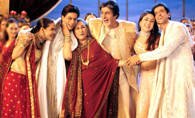 Jaya Bachchan with Kajol, Shah Rukh Khan, Amitabh Bachchan, Kareena Kapoor and Hrithik Roshan in Kabhi Khushi Kabhie Gham
