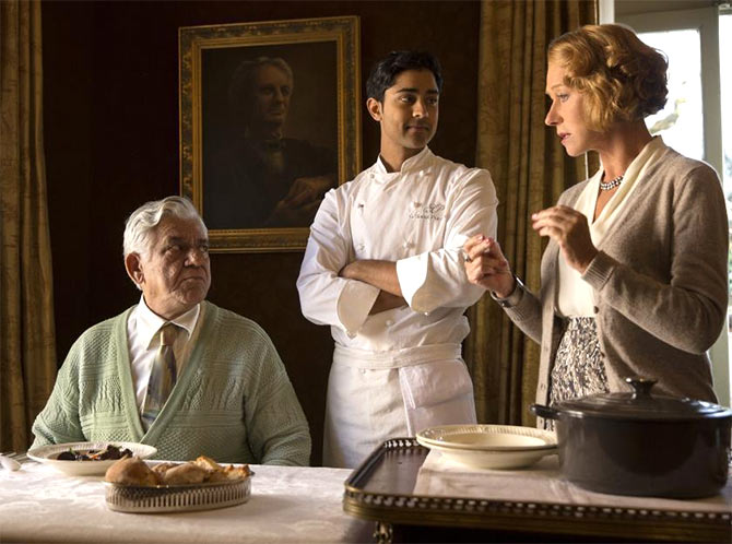 Om Puri, Manish Dayal and Helen Mirren in The Hundred-Foot Journey.