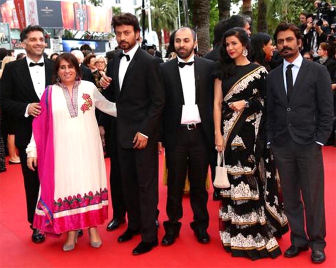 Guneet Monga at the Cannes film festival with Danis Tanovic, Irrfan Khan, Ritesh Batra, Nimrat Kaur and Nawazuddin Siddique