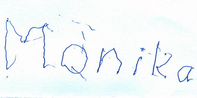 Monika's first written word with her new hand.
