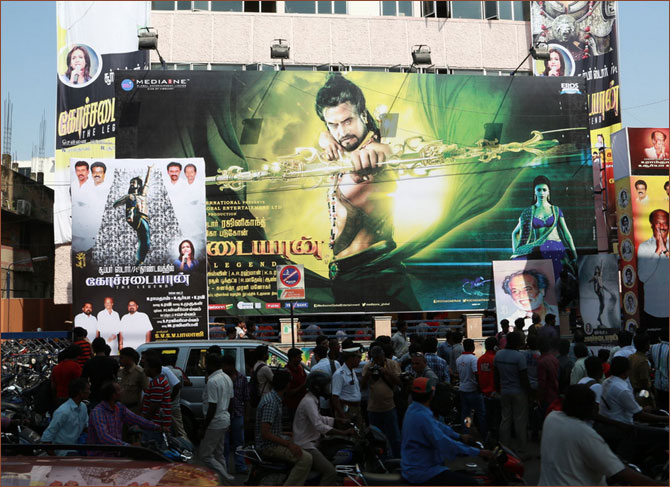 Crowds outside a theatre screening Kochadaiiyaan in Chennai