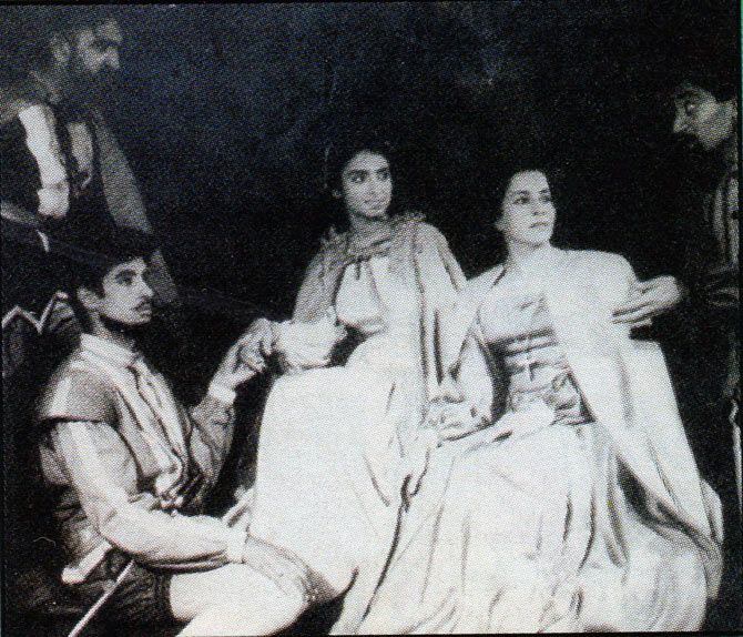 A picture of a play starring Amitabh Bachchan during his college days. 