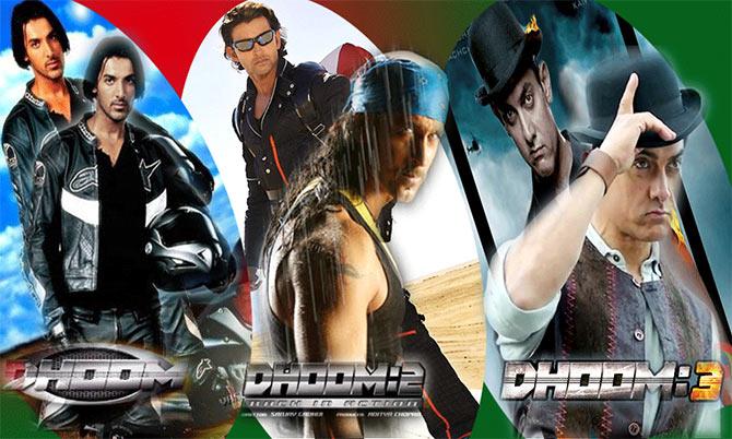 Movie posters of Dhoom, Dhoom: 2 and Dhoom: 3