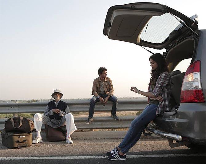 Irrfan, centre, in Piku, with Amitabh Bachchan and Deepika Padukone.