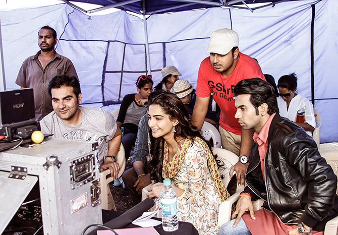 Arbaaz Khan, Sonam Kapoor, Rajkummar Rao and director Abhishek Dogra on the sets of Dolly Ki Doli