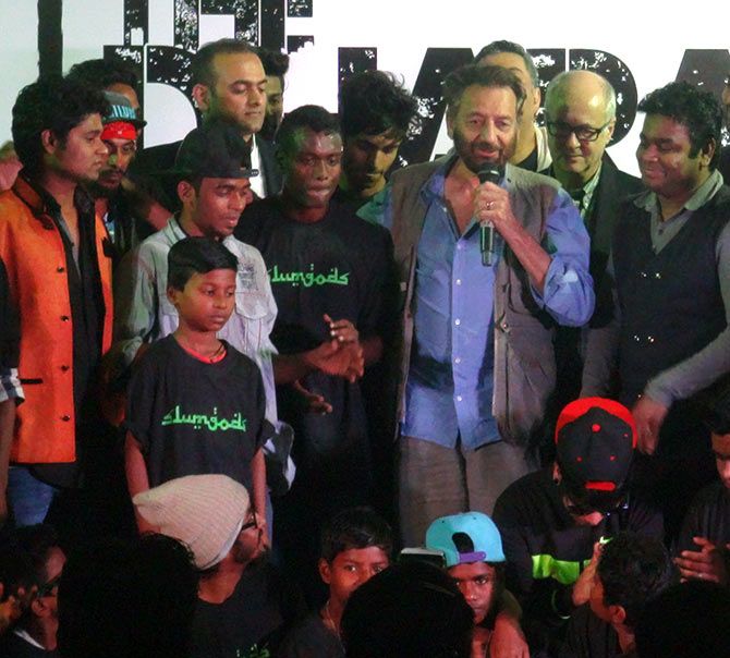 Samir Bangara, Shekar Kapur, AR Rahman with Dharavi Kids