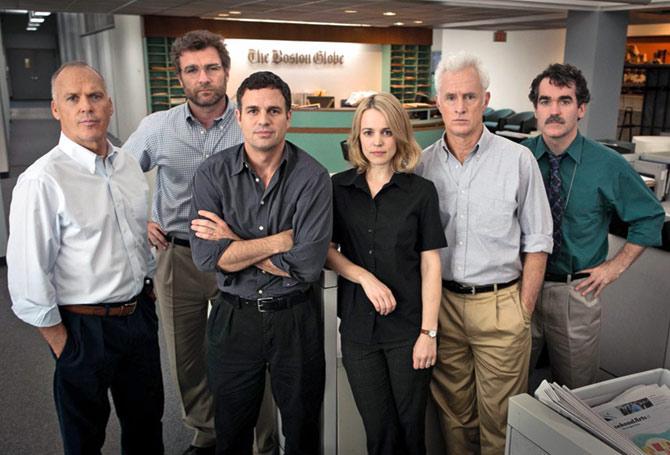 Michael Keaton, Liev Schreiber, Mark Ruffalo, Rachel McAdams, John Slattery and Billy Crudup in Spotlight.