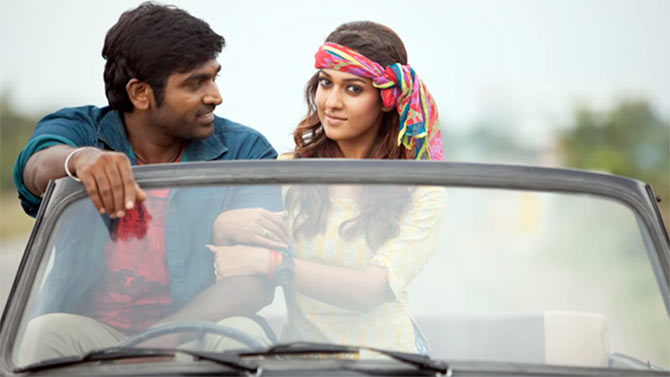 Vijay Sethupathi and Nayanthara in Naanum Rowdythaan 