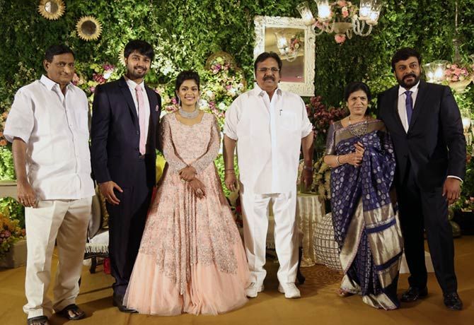 Dasari Narayana Rao, third from right, with Chiranjeevi, right, at the Telugu movie superstar's daughter Sreeja's wedding, April 2016.
