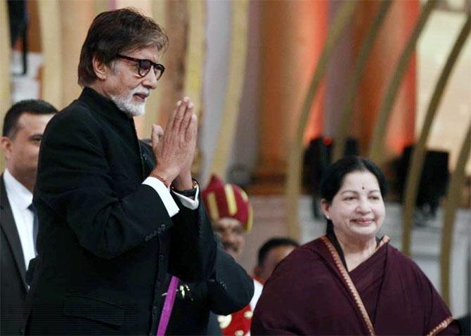 Jayalalithaa with Amitabh Bachchan at an event in Chennai.