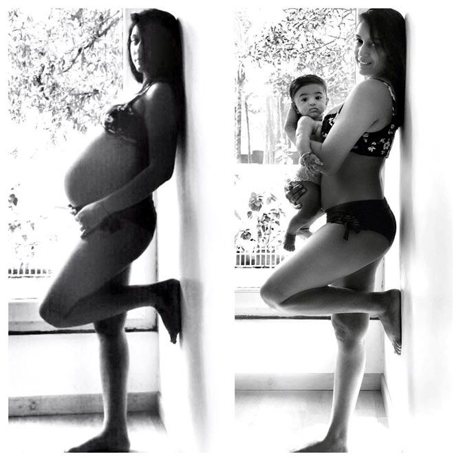 Shveta Salve during her pregnancy and post the birth of her daughter