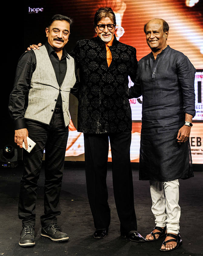 Kamal Haasan, Amitabh Bachchan and Rajnikanth at the feliciation ceremony of for legendary composer Ilayaraja. Photograph: Pradeep Bandekar.