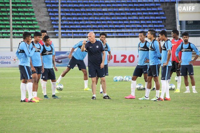  Indian national football coach Stephen Constantine speaks to his players during a training session