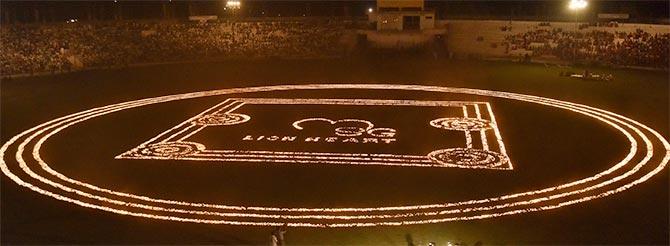 Some 150,000 lamps were lit by Gurmeet Ram Rahim's followers at the Sirsa event. Photograph: Afsar Dayatar/Rediff.com