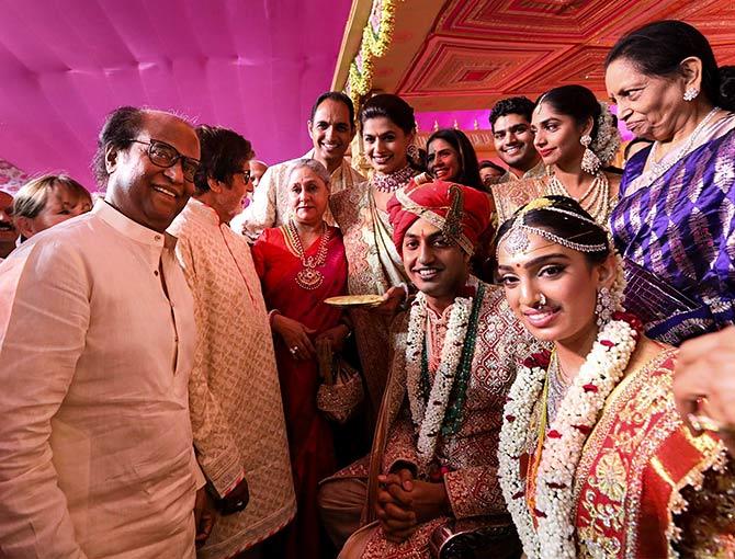 Megastar Rajinikanth with Keshav and Veena while Big B is engrossed in a conversation with wife Jaya.