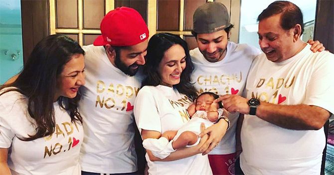 Rohit Dhawan, second from left, with his parents Karuna, left, and David, right, wife Jaanvi, daughter and brother Varun. Photograph: Kind courtesy Varun Dhawan/Instagram